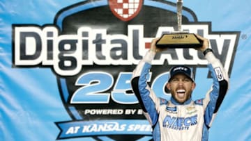KANSAS CITY, KS - MAY 10: Ross Chastain, driver of the #45 TruNorth/Paul Jr. Designs Chevrolet, celebrates in victory lane after winning the NASCAR Gander Outdoors Truck Series Digital Ally 250 at Kansas Speedway on May 10, 2019 in Kansas City, Kansas. (Photo by Brian Lawdermilk/Getty Images)
