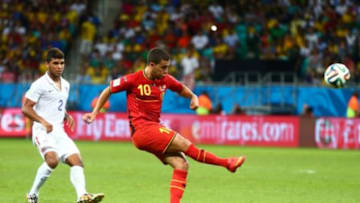 Jul 1, 2014; Salvador, BRAZIL; Belgium midfielder Eden Hazard (10) against USA during the round of sixteen match in the 2014 World Cup at Arena Fonte Nova. Belgium defeated USA 2-1 in overtime. Mandatory Credit: Mark J. Rebilas-USA TODAY Sports