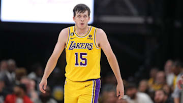 MEMPHIS, TENNESSEE - APRIL 26: Austin Reaves #15 of the Los Angeles Lakers looks up the board against the Memphis Grizzlies during Game Five of the Western Conference First Round Playoffs at FedExForum on April 26, 2023 in Memphis, Tennessee. NOTE TO USER: User expressly acknowledges and agrees that, by downloading and or using this photograph, User is consenting to the terms and conditions of the Getty Images License Agreement. (Photo by Justin Ford/Getty Images)