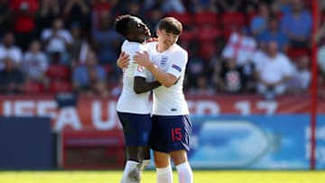 WALSALL, ENGLAND - MAY 07: Arvin Appiah of England celebrates after he scores his sides first goal with Bobby Duncan of England during the UEFA European Under-17 Championship at Bescot Stadium on May 7, 2018 in Walsall, England. (Photo by Catherine Ivill/Getty Images)