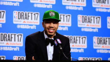 BROOKLYN, NY - JUNE 22: Jayson Tatum speaks with the media after being selected third overall by the Boston Celtics at the 2017 NBA Draft on June 22, 2017 at Barclays Center in Brooklyn, New York. NOTE TO USER: User expressly acknowledges and agrees that, by downloading and or using this photograph, User is consenting to the terms and conditions of the Getty Images License Agreement. Mandatory Copyright Notice: Copyright 2017 NBAE (Photo by Stephen Pellegrino/NBAE via Getty Images)