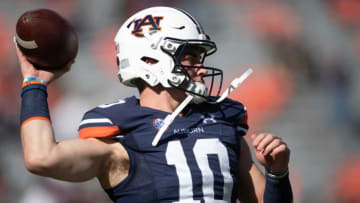 Auburn football quarterback Bo Nix (10) during warm ups at Jordan-Hare Stadium in Auburn, Ala., on Saturday, Nov. 13, 2021.