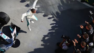 BUDAPEST, HUNGARY - JULY 29: Race winner Lewis Hamilton of Great Britain and Mercedes GP celebrates in parc ferme during the Formula One Grand Prix of Hungary at Hungaroring on July 29, 2018 in Budapest, Hungary. (Photo by Mark Thompson/Getty Images)