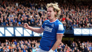 GLASGOW, SCOTLAND - APRIL 15: Todd Cantwell of Rangers celebrates scoring the opening goal during the Cinch Scottish Premiership match between Rangers FC and St. Mirren FC at on April 15, 2023 in Glasgow, Scotland. (Photo by Ian MacNicol/Getty Images)