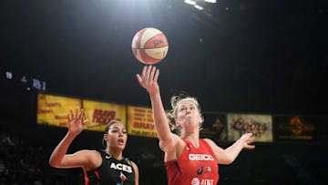 LAS VEGAS, NV - SEPTEMBER 22: Emma Meesseman #33 of the Washington Mystics shoots the ball against the Las Vegas Aces during Game Three of the 2019 WNBA Playoff Semifinals on September 22, 2019 at the Mandalay Bay Events Center in Las Vegas, Nevada. NOTE TO USER: User expressly acknowledges and agrees that, by downloading and or using this photograph, User is consenting to the terms and conditions of the Getty Images License Agreement. Mandatory Copyright Notice: Copyright 2019 NBAE (Photo by David Becker/NBAE via Getty Images)