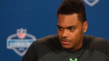 Feb 24, 2016; Indianapolis, IN, USA; Notre Dame Fighting Irish offensive lineman Ronnie Stanley speaks to the media during the 2016 NFL Scouting Combine at Lucas Oil Stadium. Mandatory Credit: Trevor Ruszkowski-USA TODAY Sports