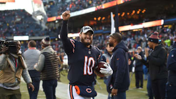 CHICAGO, IL - DECEMBER 16: Quarterback Mitchell Trubisky #10 of the Chicago Bears celebrates after the Bears defeated the Green Bay Packers 24-17 at Soldier Field on December 16, 2018 in Chicago, Illinois. (Photo by Stacy Revere/Getty Images)