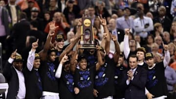 Apr 6, 2015; Indianapolis, IN, USA; The Duke Blue Devils celebrate beating the Wisconsin Badgers in the 2015 NCAA Men
