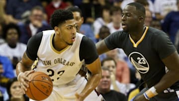 Oct 31, 2015; New Orleans, LA, USA; New Orleans Pelicans forward Anthony Davis (23) is guarded by Golden State Warriors forward Draymond Green (23) during the first half of a game at Smoothie King Center. Mandatory Credit: Derick E. Hingle-USA TODAY Sports