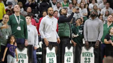The Michigan State 2000 national championship team is honored at halftime on the 20-year anniversary of their NCAA title Saturday, Feb. 15, 2020 at the Breslin Center in East Lansing. Left to right: A. J. Granger (43), Aloysius Anagonye (25), Morris Peterson (42) and Jason Richardson (23).Michigan State 2000 team