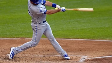 Kansas City Royals catcher Drew Butera (9) hits a two-run home run - Mandatory Credit: David Richard-USA TODAY Sports