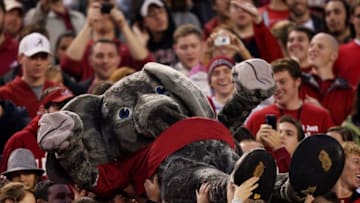 TUSCALOOSA, AL - NOVEMBER 29: Mascot Big Al of the Alabama Crimson Tide crowd surfs from the field to the upper deck while taking on the Auburn Tigers at Bryant-Denny Stadium on November 29, 2008 in Tuscaloosa, Alabama. Alabama defeated Auburn 36-0. (Photo by Doug Benc/Getty Images)