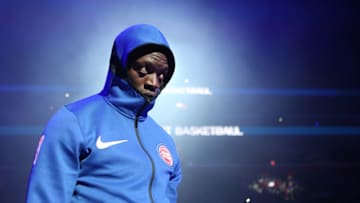 DETROIT, MI - APRIL 4: Reggie Jackson #1 of the Detroit Pistons looks on during the National Anthem before the game against the Philadelphia 76ers on April 4, 2018 at Little Caesars Arena in Detroit, Michigan. NOTE TO USER: User expressly acknowledges and agrees that, by downloading and/or using this photograph, User is consenting to the terms and conditions of the Getty Images License Agreement. Mandatory Copyright Notice: Copyright 2018 NBAE (Photo by Brian Sevald/NBAE via Getty Images)