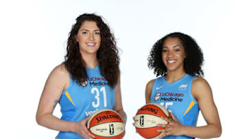 CHICAGO, IL - MAY 9: Stefanie Dolson #31 and Gabby Williams #15 of the Chicago Sky pose for portraits during WNBA Media Day 2018 on May 9, 2018 at the Sachs Recreation Center in Chicago, Illinois. NOTE TO USER: User expressly acknowledges and agrees that, by downloading and or using this Photograph, user is consenting to the terms and conditions of the Getty Images License Agreement. Mandatory Copyright Notice: Copyright 2018 NBAE (Photo by Gary Dineen/NBAE via Getty Images)