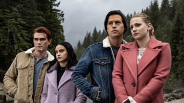 Riverdale -- "Chapter Sixty-Six: Tangerine" -- Image Number: RVD409b_0161.jpg -- Pictured (L-R): KJ Apa as Archie, Camila Mendes as Veronica, Cole Sprouse as Jughead and Lili Reinhart as Betty -- Photo: Jack Rowand/The CW-- © 2019 The CW Network, LLC All Rights Reserved.