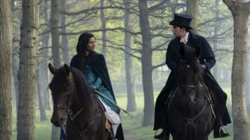 Bridgerton. (L to R) Simone Ashley as Kate Sharma, Jonathan Bailey as Anthony Bridgerton in episode 201 of Bridgerton. Cr. Liam Daniel/Netflix © 2022