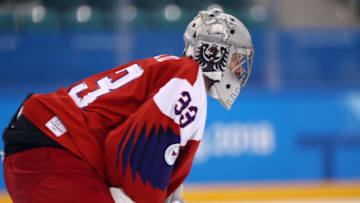 GANGNEUNG, SOUTH KOREA - FEBRUARY 21: Pavel Francouz #33 of the Czech Republic looks on during the game against the United States during the Men's Play-offs Quarterfinals on day twelve of the PyeongChang 2018 Winter Olympic Games at Gangneung Hockey Centre on February 21, 2018 in Gangneung, South Korea. (Photo by Ronald Martinez/Getty Images)