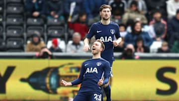 SWANSEA, WALES - MARCH 17: Christian Eriksen of Tottenham Hotspur celebrates after scoring his sides first goal during The Emirates FA Cup Quarter Final match between Swansea City and Tottenham Hotspur at Liberty Stadium on March 17, 2018 in Swansea, Wales. (Photo by Catherine Ivill/Getty Images)