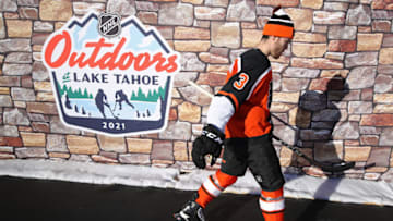 STATELINE, NEVADA - FEBRUARY 21: Mark Friedman #3 of the Philadelphia Flyers walks off the ice following warmups prior to the 'NHL Outdoors At Lake Tahoe' game against the Boston Bruins at the Edgewood Tahoe Resort on February 21, 2021 in Stateline, Nevada. (Photo by Christian Petersen/Getty Images)