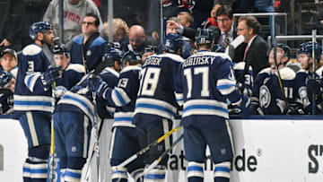 COLUMBUS, OH - JANUARY 3: Assistant Coach Brad Shaw of the Columbus Blue Jackets talks to his team during a timeout during a game against the Edmonton Oilers on January 3, 2017 at Nationwide Arena in Columbus, Ohio. (Photo by Jamie Sabau/NHLI via Getty Images)