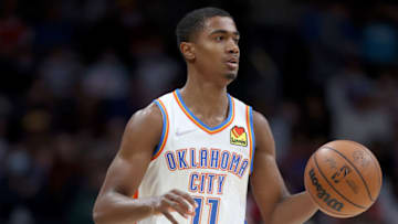 Theo Maledon #11of the Oklahoma City Thunder plays the Denver Nuggets at Ball Arena on March 02, 2022 in Denver, Colorado. (Photo by Matthew Stockman/Getty Images)