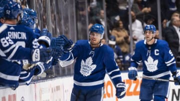 TORONTO, ON - OCTOBER 15: Andreas Johnsson #18 of the Toronto Maple Leafs celebrates his goal against the Minnesota Wild during the second period at the Scotiabank Arena on October 15, 2019 in Toronto, Ontario, Canada. (Photo by Mark Blinch/NHLI via Getty Images)