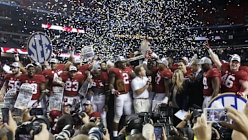 Dec 5, 2015; Atlanta, GA, USA; Alabama Crimson Tide head coach Nick Saban celebrates with his team after winning the 2015 SEC Championship Game against the Florida Gators at the Georgia Dome. Alabama won 29-15. Mandatory Credit: Jason Getz-USA TODAY Sports