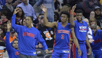 Apr 13, 2016; Cleveland, OH, USA; Players on the Detroit Pistons bench react after a three-point basket in the second quarter against the Cleveland Cavaliers at Quicken Loans Arena. Mandatory Credit: David Richard-USA TODAY Sports