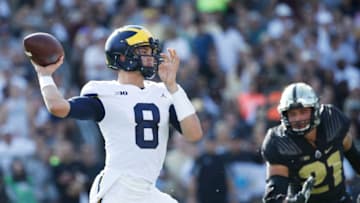 WEST LAFAYETTE, IN - SEPTEMBER 23: John O'Korn #8 of the Michigan Wolverines throws a pass in the first quarter of a game against the Purdue Boilermakers at Ross-Ade Stadium on September 23, 2017 in West Lafayette, Indiana. (Photo by Joe Robbins/Getty Images)