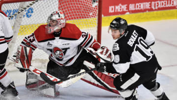 BOISBRIAND, QC - OCTOBER 27: Goaltender Olivier Rodrigue #33 of the Drummondville Voltigeurs protects his net against the Blainville-Boisbriand Armada during the QMJHL game at Centre d'Excellence Sports Rousseau on October 27, 2017 in Boisbriand, Quebec, Canada. The Blainville-Boisbriand Armada defeated the Drummondville Voltigeurs 2-0. (Photo by Minas Panagiotakis/Getty Images)