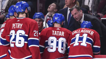 MONTREAL, QC - OCTOBER 13: Canadiens associate coach Kirk Muller regroups his players towards the bench against the Pittsburgh Penguins during the NHL game at the Bell Centre on October 13, 2018 in Montreal, Quebec, Canada. The Montreal Canadiens defeated the Pittsburgh Penguins 4-3 in a shootout. (Photo by Minas Panagiotakis/Getty Images)