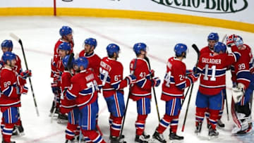 Apr 9, 2016; Montreal, Quebec, CAN; The Montreal Canadiens players celebrate after defeating the Tampa Bay Lightning at Bell Centre. Mandatory Credit: Jean-Yves Ahern-USA TODAY Sports