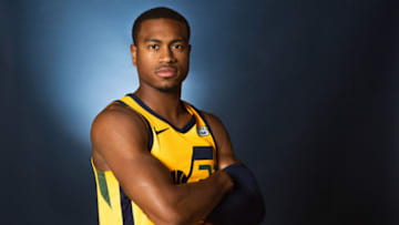 SALT LAKE CITY, UT - SEPTEMBER 24: Trey Lewis #21 of the Utah Jazz poses for a portrait at media day on September 24, 2018 at the Zions Bank Basketball Campus in Salt Laker City, Utah. Copyright 2018 NBAE (Photo by Melissa Majchrzak/NBAE via Getty Images)
