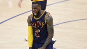 June 7, 2015; Oakland, CA, USA; Cleveland Cavaliers forward LeBron James (23) reacts during the 95-93 victory against the Golden State Warriors in game two of the NBA Finals at Oracle Arena. Mandatory Credit: Bob Donnan-USA TODAY Sports