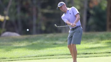 NORTON, MASSACHUSETTS - AUGUST 19: Justin Thomas of the United States plays a shot during a practice round for the The Northern Trust golf tournament at TPC Boston on August 19, 2020 in Norton, Massachusetts. (Photo by Rob Carr/Getty Images)