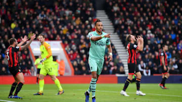 BOURNEMOUTH, ENGLAND - NOVEMBER 25: Pierre-Emerick Aubameyang of Arsenal celebrates after scoring his team's second goal during the Premier League match between AFC Bournemouth and Arsenal FC at Vitality Stadium on November 25, 2018 in Bournemouth, United Kingdom. (Photo by Dan Mullan/Getty Images)