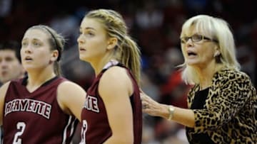 Nov 28, 2014; Louisville, KY, USA; Lafayette Leopards head coach Dianne Nolan talks with guard Jamie O