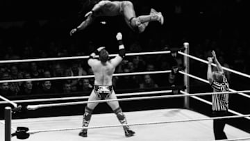 HAMBURG, GERMANY - NOVEMBER 02: (EDITORS NOTE: Image has been converted to black and white.) Kofi Kingston competes in the ring against The Miz during the WWE SmackDown World Tour at O2 World on November 2, 2012 in Hamburg, Germany. (Photo by Joern Pollex/Bongarts/Getty Images)