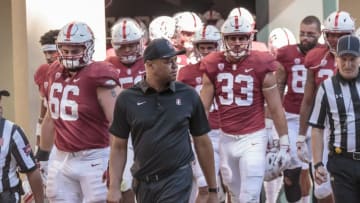 PALO ALTO, CA - SEPTEMBER 30: Stanford Cardinal head coach David Shaw leads his team out of the locker room before the second half of an NCAA Pac-12 football game against the Arizona State University Sun Devils on September 30, 2017 at Stanford Stadium in Palo Alto, California. Visible players include Harrison Phillips