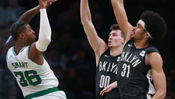 Brooklyn Nets Rodions Kurucs Jarrett Allen (Jim Davis/Globe Staff)