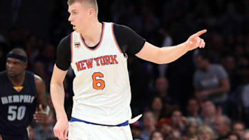 Oct 29, 2016; New York, NY, USA; New York Knicks forward Kristaps Porzingis (6) gestures after scoring during the second quarter against the Memphis Grizzlies at Madison Square Garden. Mandatory Credit: Anthony Gruppuso-USA TODAY Sports