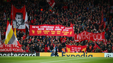 LIVERPOOL, ENGLAND - MAY 07: Liverpool fans show their support during the UEFA Champions League Semi Final second leg match between Liverpool and Barcelona at Anfield on May 07, 2019 in Liverpool, England. (Photo by Clive Brunskill/Getty Images)
