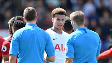BOURNEMOUTH, ENGLAND - MAY 04: Dele Alli of Tottenham Hotspur speaks with Referee Craig Pawson after the Premier League match between AFC Bournemouth and Tottenham Hotspur at Vitality Stadium on May 04, 2019 in Bournemouth, United Kingdom. (Photo by Justin Setterfield/Getty Images)