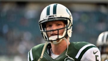 Aug 28, 2014; Philadelphia, PA, USA; New York Jets quarterback Matt Simms (5) prior to a game against the Philadelphia Eagles at Lincoln Financial Field. Mandatory Credit: Derik Hamilton-USA TODAY Sports