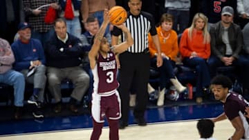 Mississippi State Bulldogs guard Shakeel Moore (3) takes a jump shot as Auburn Tigers takes on Mississippi State Bulldogs at Neville Arena in Auburn, Ala., on Saturday, Jan. 14, 2023. Auburn Tigers defeated Mississippi State Bulldogs 69-63.
