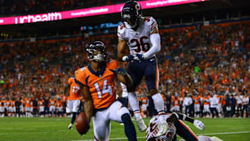 DENVER, CO - AUGUST 18: Wide receiver Courtland Sutton #14 of the Denver Broncos celebrates after second quarter touchdown catch against the Chicago Bears during an NFL preseason game at Broncos Stadium at Mile High on August 18, 2018 in Denver, Colorado. (Photo by Dustin Bradford/Getty Images)