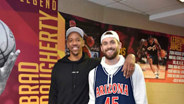 CLEVELAND, OH - APRIL 7: Channing Frye #9 of the Cleveland Cavaliers and Kevin Love #0 of the Cleveland Cavaliers arrive for the game against the San Antonio Spurs on April 7, 2019 at Quicken Loans Arena in Cleveland, Ohio. NOTE TO USER: User expressly acknowledges and agrees that, by downloading and/or using this Photograph, user is consenting to the terms and conditions of the Getty Images License Agreement. Mandatory Copyright Notice: Copyright 2019 NBAE (Photo by David Liam Kyle/NBAE via Getty Images)