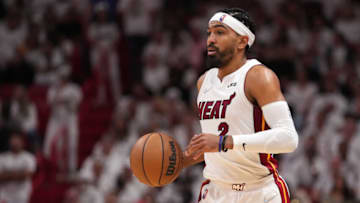 Miami Heat guard Gabe Vincent (2) dribbles the ball up the court during the second half in game five(Jasen Vinlove-USA TODAY Sports)