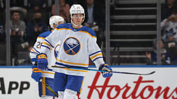 TORONTO, ON - APRIL 12: Owen Power #25 of the Buffalo Sabres gets set to play in his 1st NHL game against the Toronto Maple Leafs at Scotiabank Arena on April 12, 2022 in Toronto, Ontario, Canada. The Sabres defeated the Maple Leafs 5-2. (Photo by Claus Andersen/Getty Images)