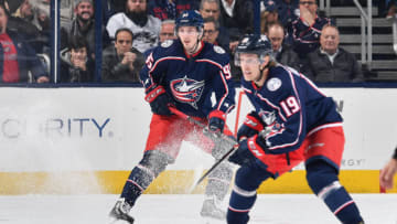 COLUMBUS, OH - FEBRUARY 28: Matt Duchene #95 of the Columbus Blue Jackets and Ryan Dzingel #19 of the Columbus Blue Jackets skate against the Philadelphia Flyers on February 28, 2019 at Nationwide Arena in Columbus, Ohio. (Photo by Jamie Sabau/NHLI via Getty Images)